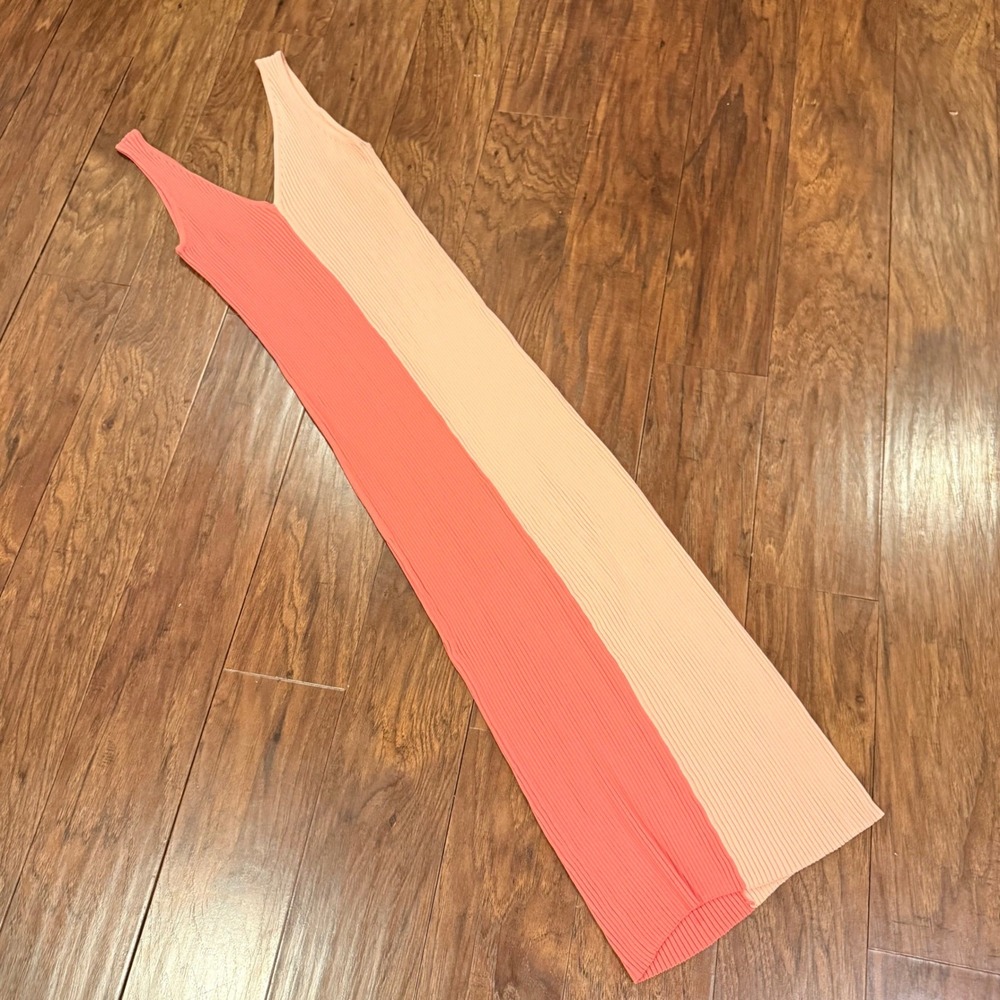 STAUD Dana Ribbed Knit Colorblock Midi Dress Peach Coral Orange Sml V-Neck Small - Picture 9 of 14